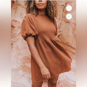 Last chance! NWOT BABYDOLL FIT TEXTURED BROWN PUFF SLEEVE PEPLUM DRESS